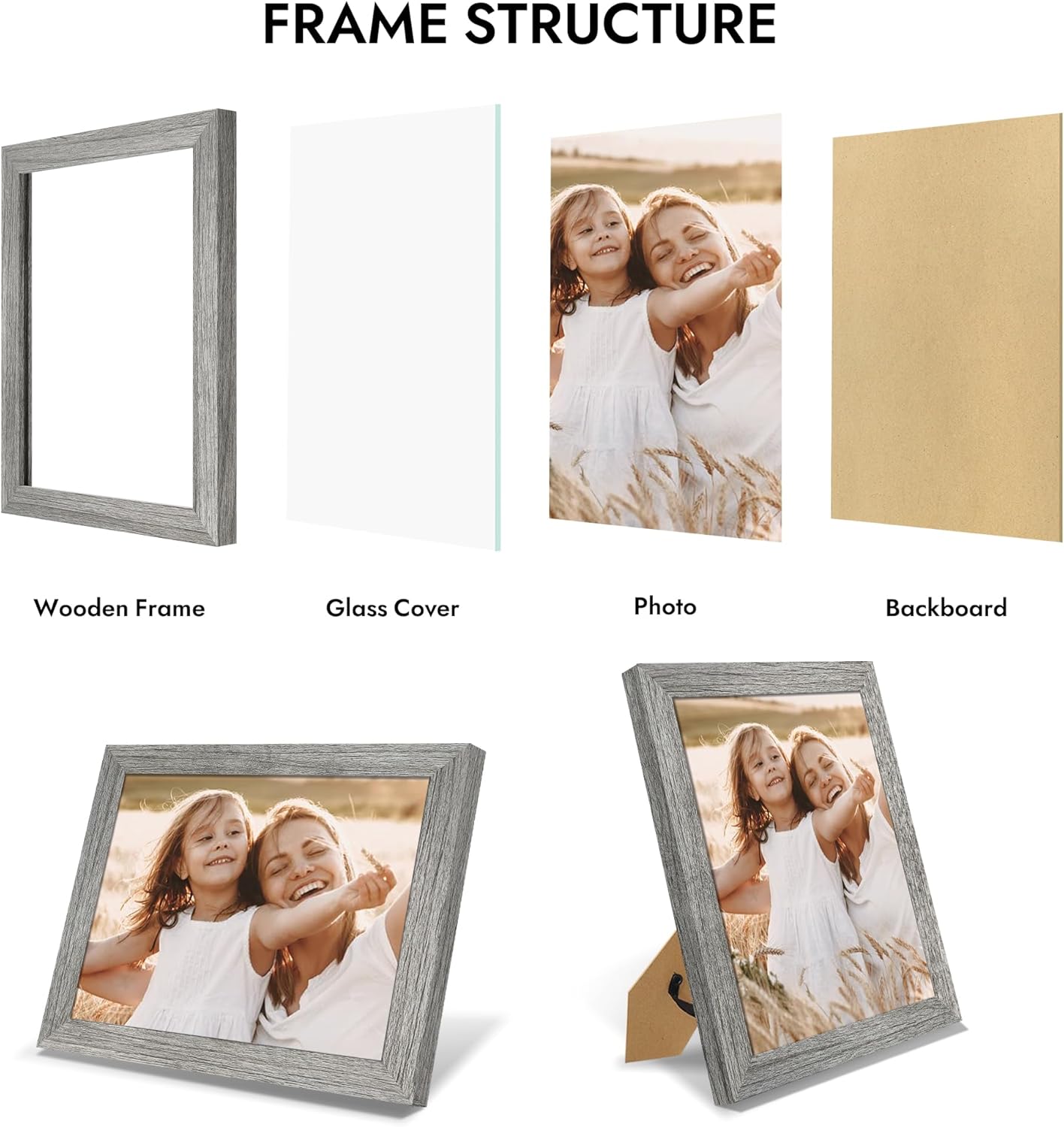 8x10 Picture Frame, Made of Real Glass and Wooden Frame, Horizontal and Vertical Display for Wall or Tabletop (Grey, 1 Pack)